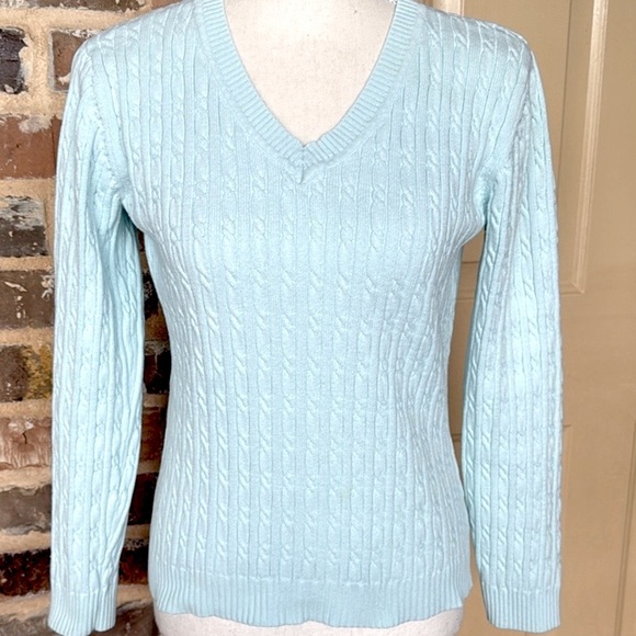 Van Heusen Light Blue Classic Cable Knit Sweater Cotton Ribbed V-Neck Cuffs Hem - Picture 2 of 13